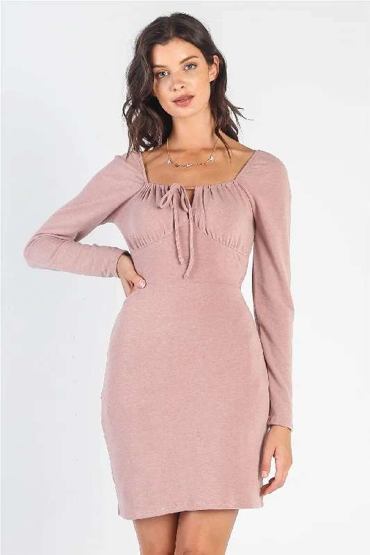 Dresses for Chinese weddings-Dusty-Mauve Bust Self-Tie Cut-Out Long Sleeve Mini Dress /3-2-1