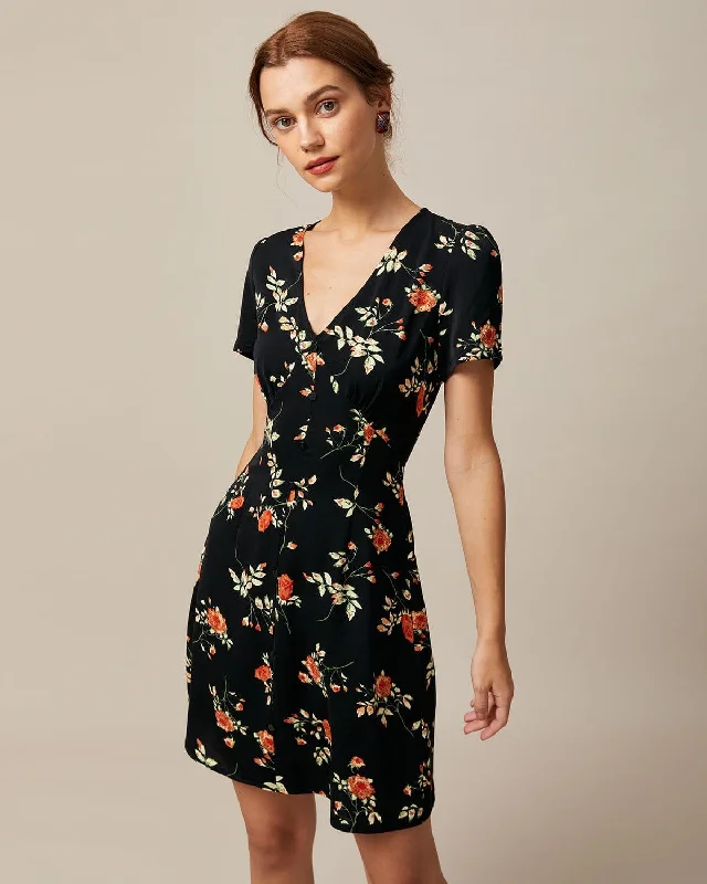 Dresses with knit fabric-The Black V Neck Floral Button Up Mini Dress