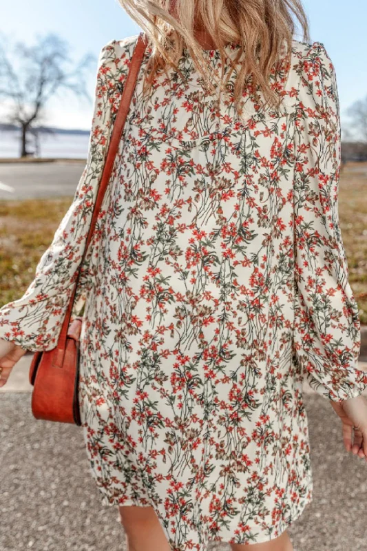 Dresses for beer festivals-Floral Round Neck Long Sleeve Dress