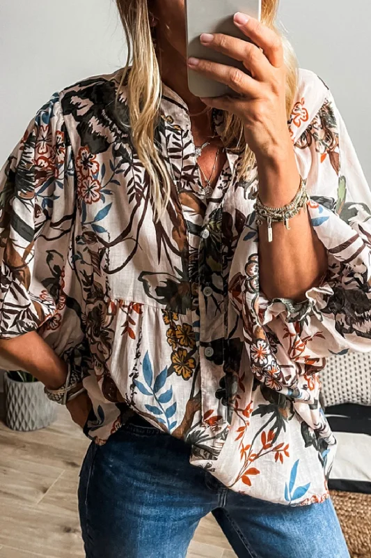 Women's Clothing bridesmaid-Printed Notched Flounce Sleeve Blouse