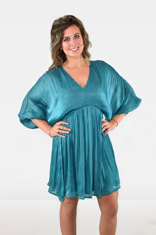 Dresses for fairs-Satin Dolman Sleeve Emerald Mini Dress by Jodifl Clothing