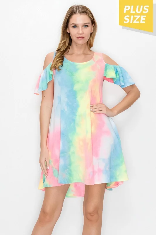 Dresses for vintage stores-Tie Dye Cold Shoulder Knit Shift Dress in Plus