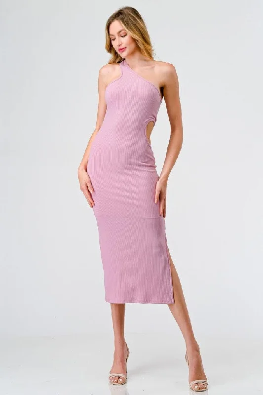 Dresses for Fourth of July-Pink Ribbed One Shoulder Cut-Out Side Midi Dress /1-2-2-1