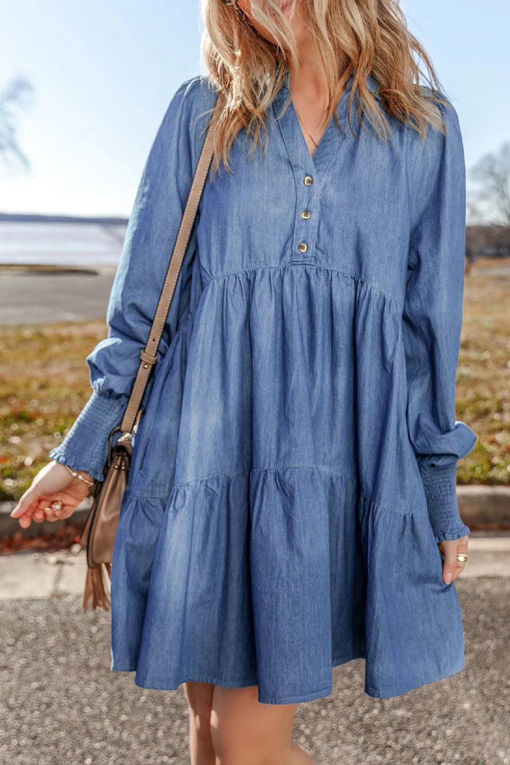 Dresses for subtle patterns-Tiered Johnny Collar Long Sleeve Denim Dress