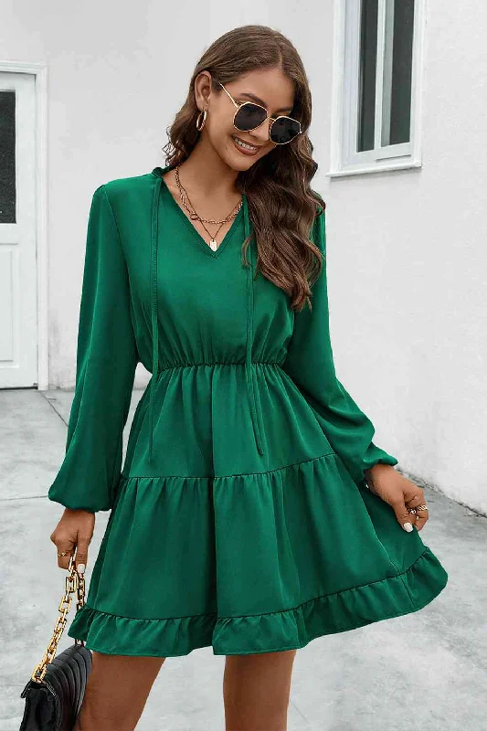 Dresses for everyday wear-V-Neck Tie Neck Long Sleeve Dress