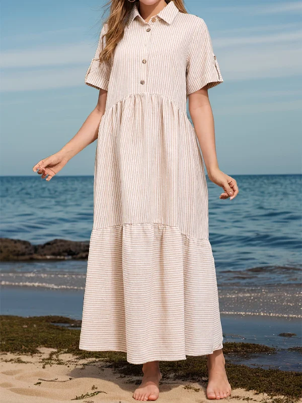 Dresses for asymmetrical-Striped Collared Neck Short Sleeve Dress