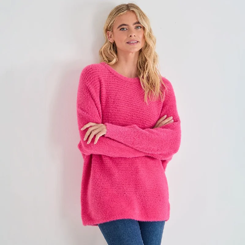 Sweaters with frilled hems-Ladies Ribbed Eyelash Batwing Jumper