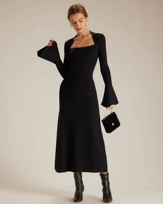 Dresses for college parties-The Black Square Neck Flare Sleeve Midi Dress