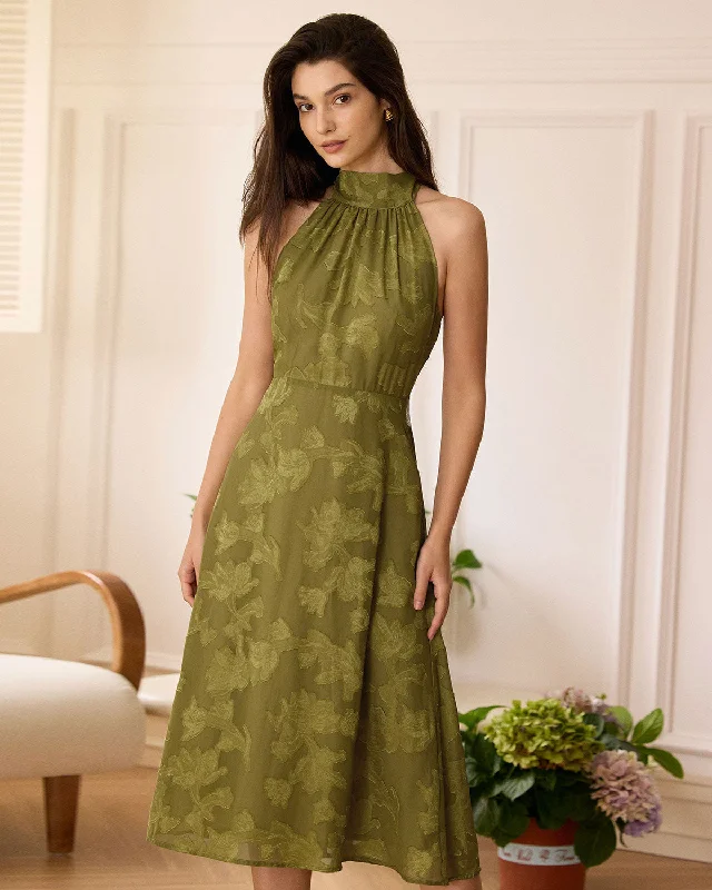 Dresses for 1990s look-The Green Jacquard Ruched Halter Midi Dress