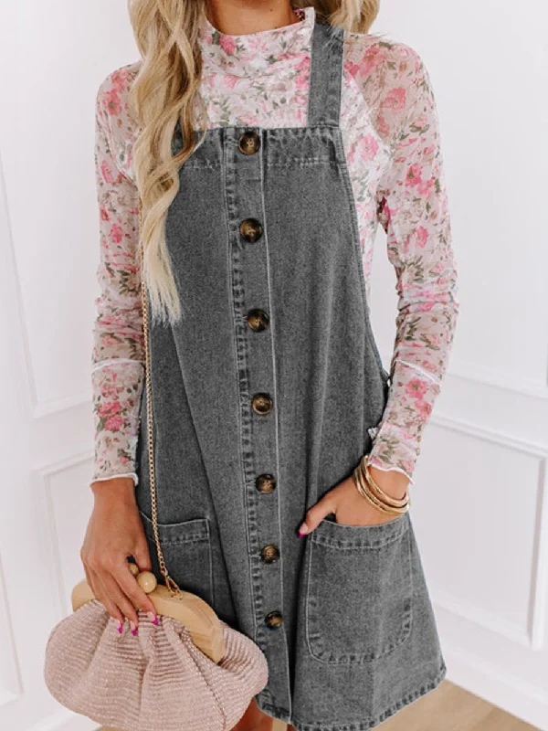 Dresses for sci-fi conventions-Wide Strap Button Down Denim Overall Dress