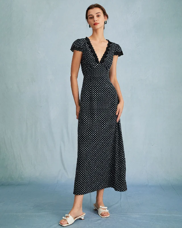 Dresses for communions-Black Polka Dot V Neck Maxi Dress