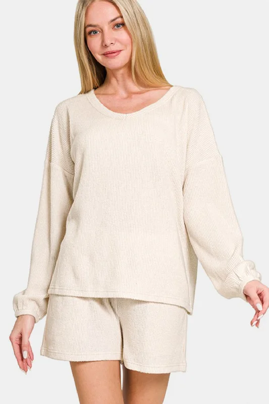 Best online music lessons-Zenana V-Neck Long Sleeve Ribbed Top and Shorts Set