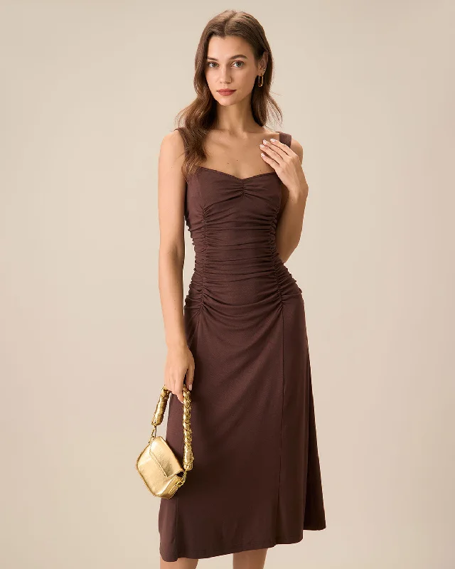 Dresses for ballet-Women's Coffee Ruched Knitted Slip Midi Dress