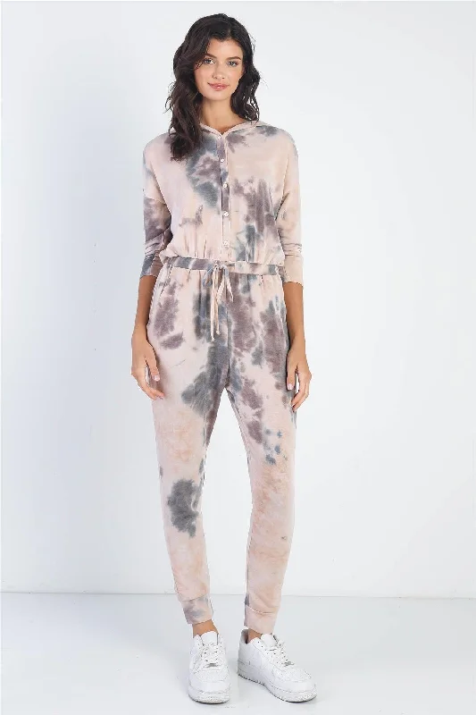 Hoodies & Sweatshirts influencer-Tie-Dye Button Up Midi Sleeve Hooded Jumpsuit