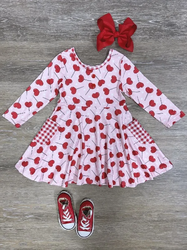 Dresses for brunch-Heart Sucker For You Gingham Pocket Pink Girls Skater Dress