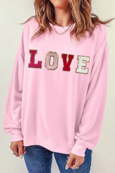 Hoodies & Sweatshirts one of a kind-LOVE Patch Round Neck Dropped Shoulder Sweatshirt