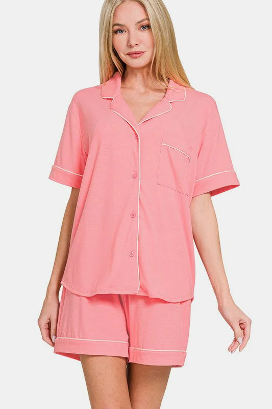 Tips for managing emails-Zenana Button Down Short Sleeve Top and Shorts Lounge Set