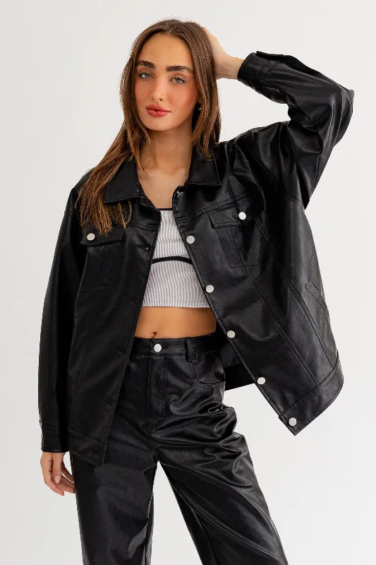 Jackets for trendy-Oversized Vegan Leather Button-Up Jacket