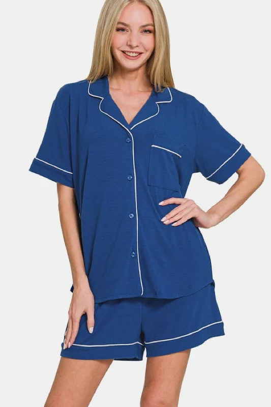 Best online shopping tips-Zenana Button Down Short Sleeve Top and Shorts Lounge Set