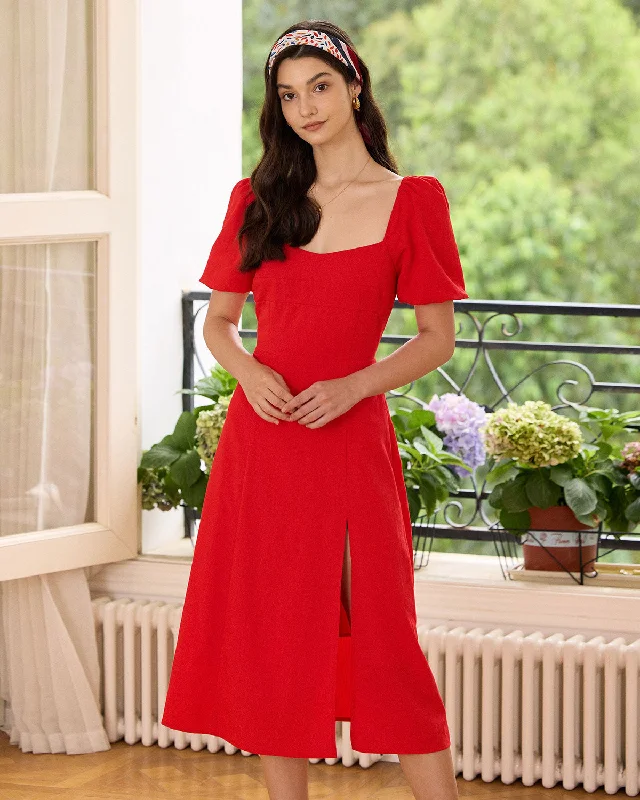 Dresses for gaming events-The Red Sweetheart Neck Slit Midi Dress