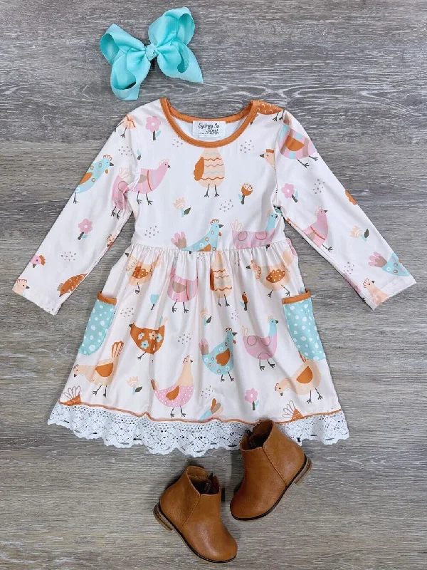 Dresses for Japanese style-Chickens & Lace Girls Long Sleeve Pocket Dress