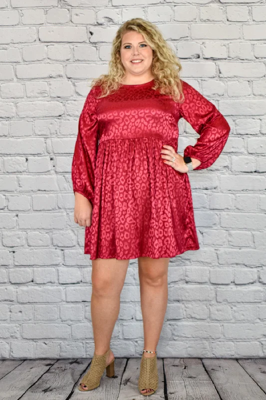 Dresses for gaming events-Satin Animal Print Long Sleeve Babydoll Dress in Plus Size by Umgee Clothing