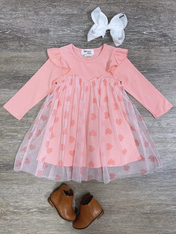 Dresses for presentations-Baby Pink Hearts Tulle Chiffon Ruffle Girls Dress