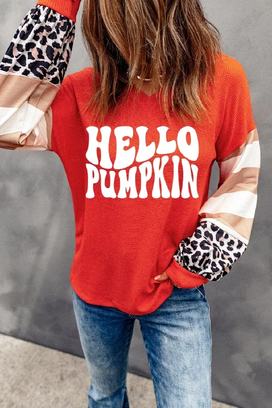 Tips for organizing shoes-Hello Pumpkin Women's Leopard Graphic V-Neck Long Sleeve Top