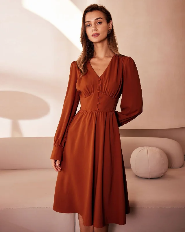 Dresses for elegant appearance-The Orange V Neck Pleated Button Midi Dress