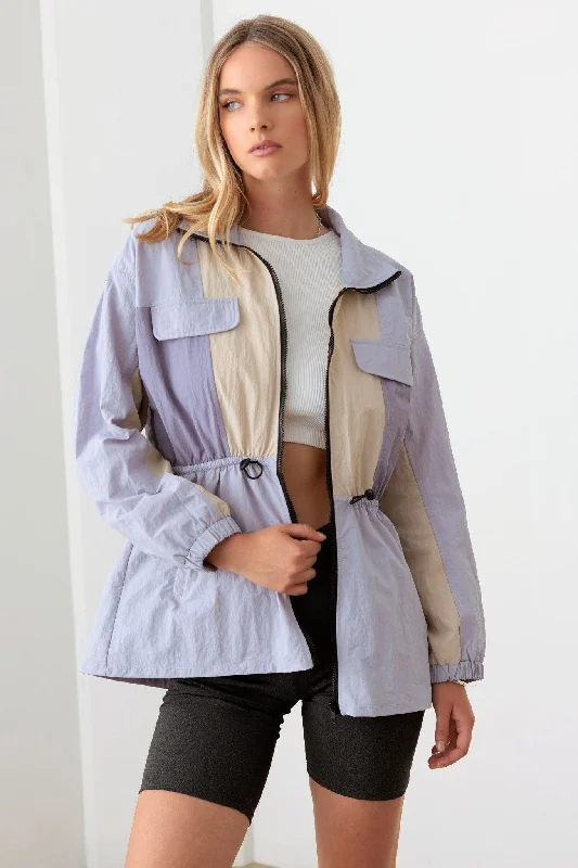 Jackets with textured-Lavender Color Block Collared Wind Breaker Jacket