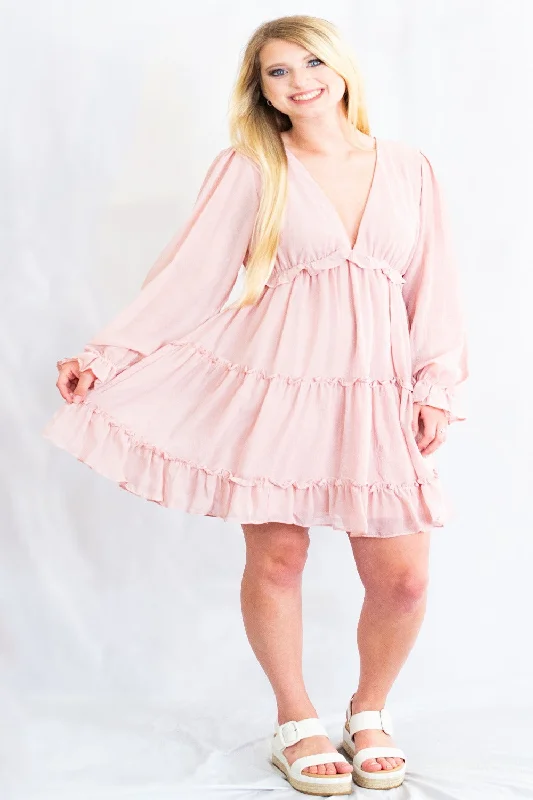 Dresses for baking parties-Open Back Crinkled Chiffon Long Sleeve Tiered Dress by She + Sky