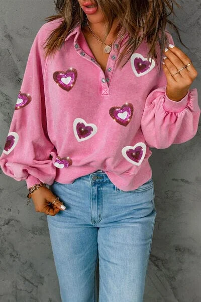 Hoodies & Sweatshirts statement-Heart Sequin Half Snap Collared Neck Sweatshirt