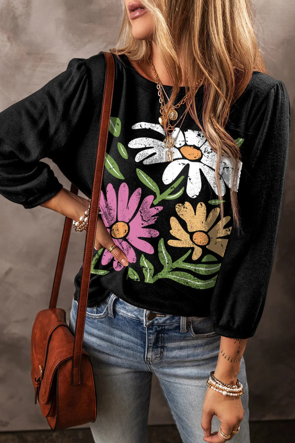 How to start a food blog-Flower Graphic Round Neck Long Sleeve Top