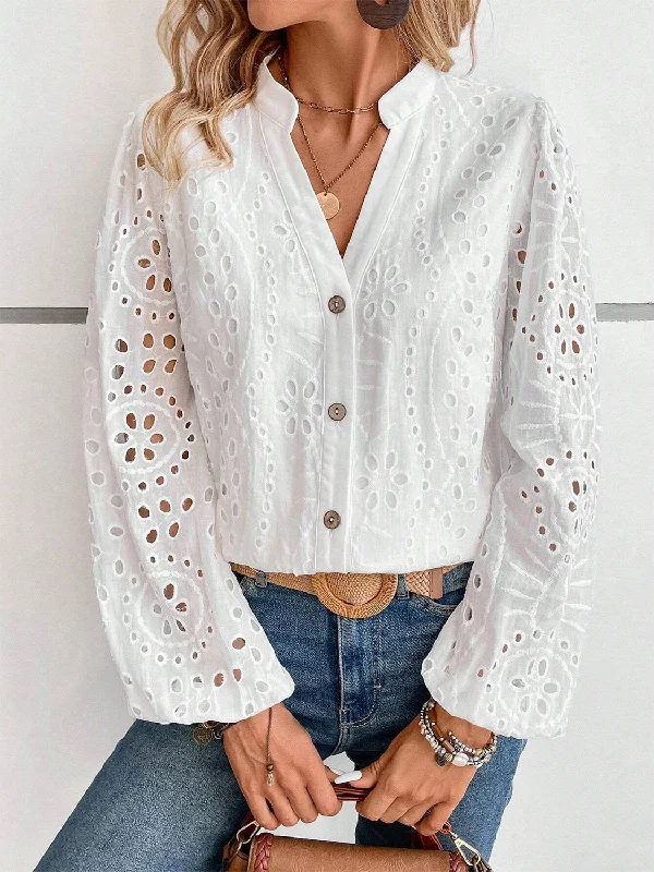 Women's Clothing boutique-Cutout Notched Long Sleeve Blouse