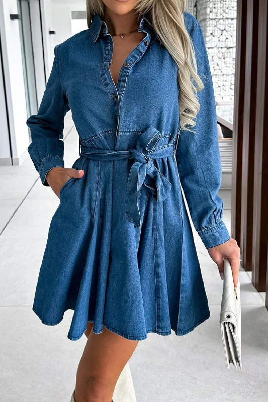 Dresses for capsule wardrobe-Tied Half Button Long Sleeve Denim Dress