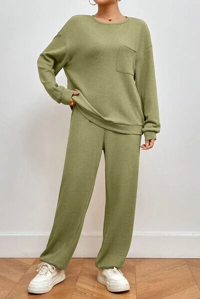 Latest tech trends in 2025-Pocketed Round Neck Top and Pants Lounge Set