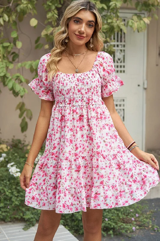 Dresses for weddings-Smocked Printed Flounce Sleeve Mini Dress