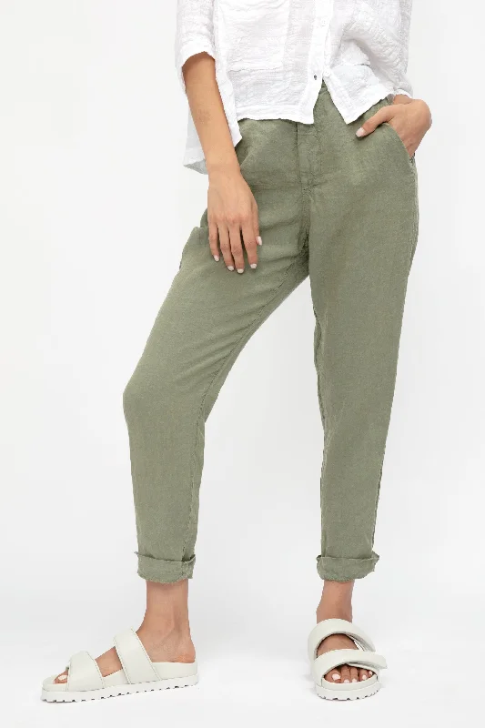 Bottoms with crisscross details-Linen Tapered Trouser Pant in Green