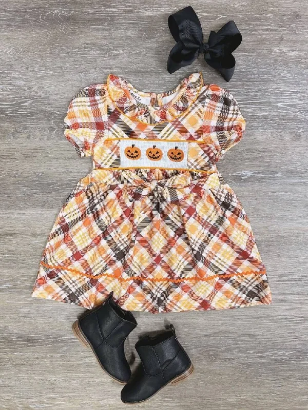 Dresses for end-of-season-Pumpkins & Plaid Girls Puff Sleeve Fall Dress