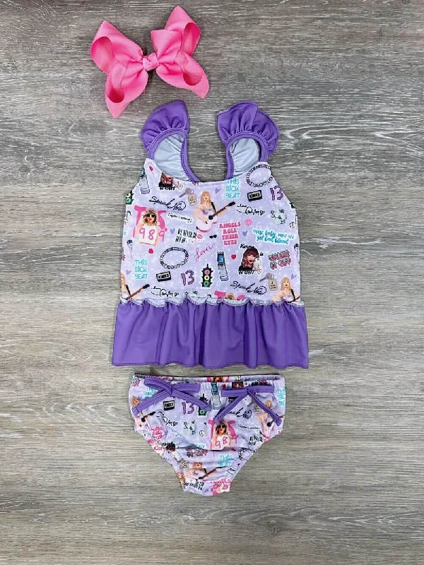 Swimwear for narrow shoulders-Bejeweled Girls Lavender Pop Star Tankini Swim Set