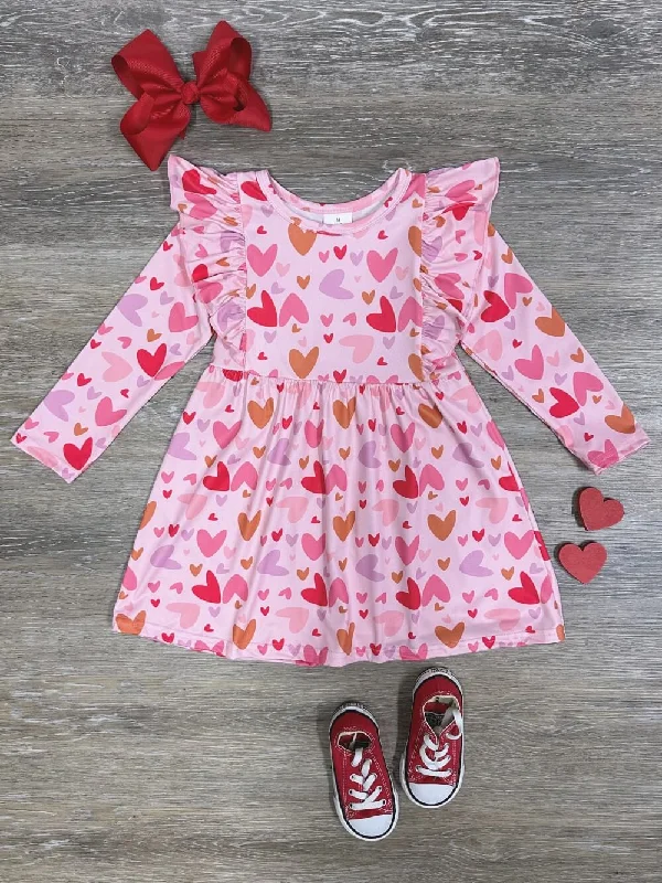 Dresses for date night-Hearts Aflutter Ruffle Trim Girls Long Sleeve Heart Dress