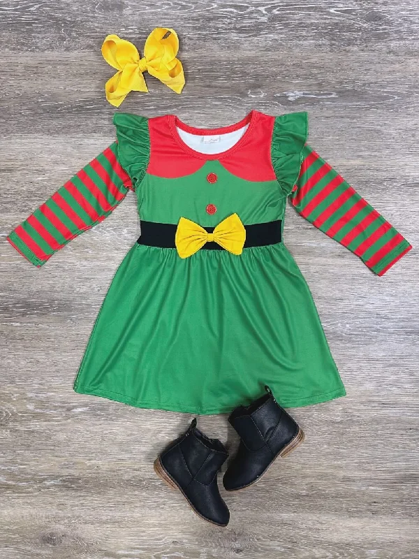 Dresses for designer labels-Santa's Little Helper Bow Dress Green