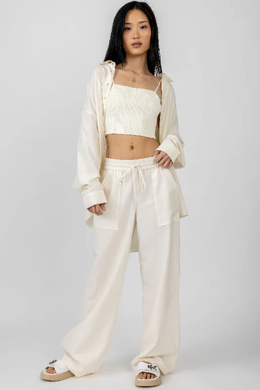 Bottoms with gathered waist-Baxter Drawstring Wide Leg Pant in Gardenia