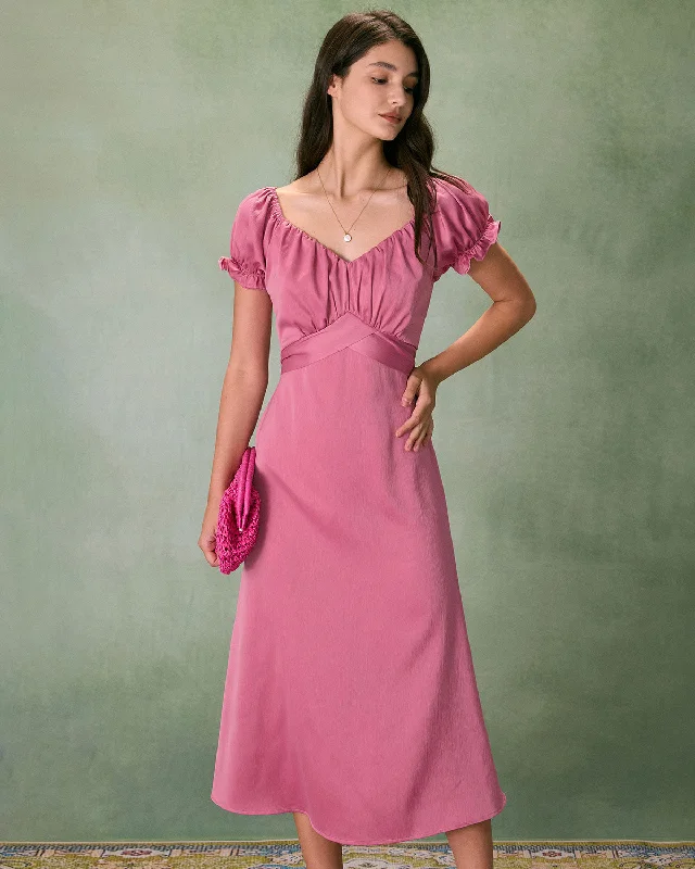 Dresses for theater-The Pink Sweetheart Neck Ruched Satin Midi Dress