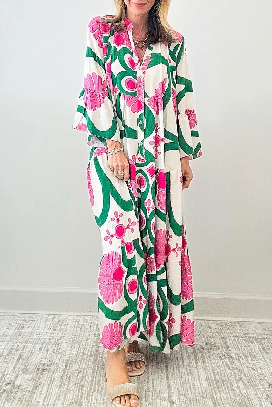 Dresses with sleeves-Printed Notched Long Sleeve Maxi Dress