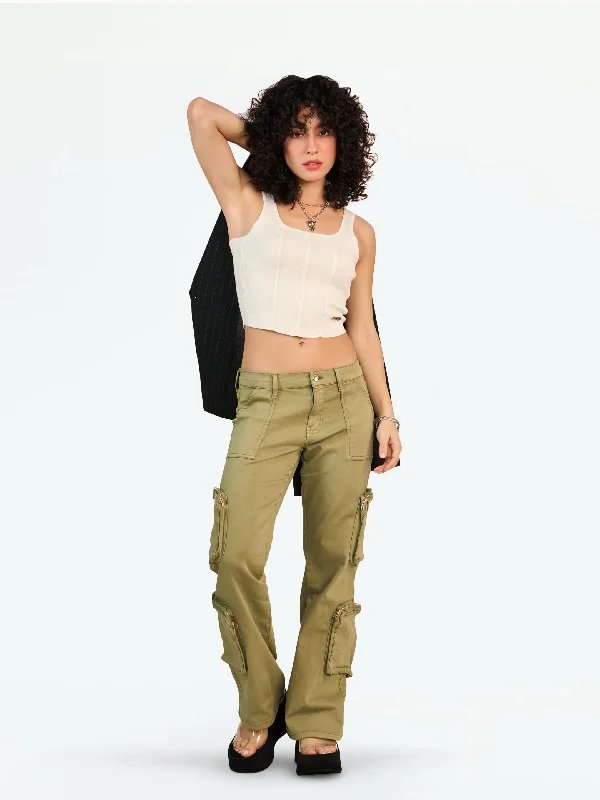 Bottoms with applique details-Olive Baggy Cargos