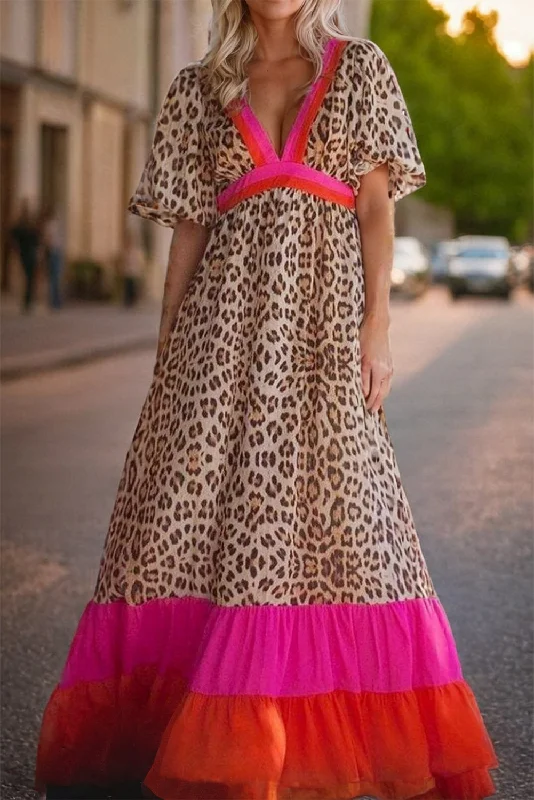 Dresses for monthly delivery-Full Size Leopard V-Neck Half Sleeve Maxi Dress