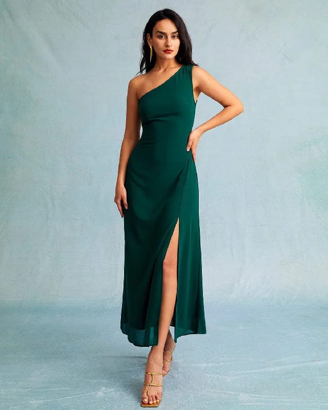 Dresses for pool parties-The Green One Shoulder Sleeveless Maxi Dress