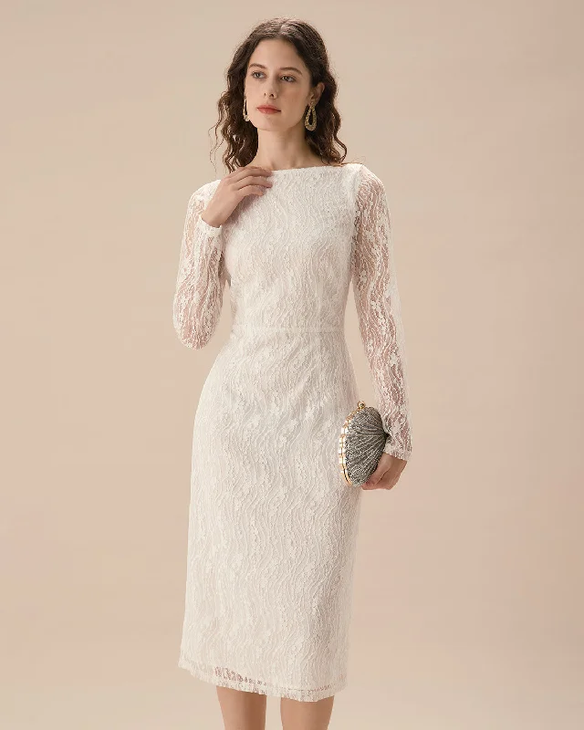 Dresses for seminars-White Lace Boat Neck Slit Midi Dress