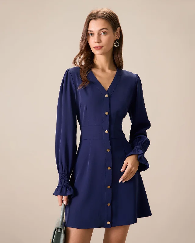 Dresses for urban getaways-Women's Navy Ruffle Long Sleeve Mini Dress